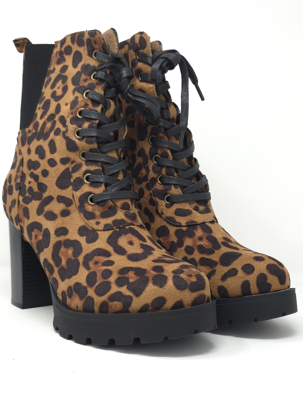 Leopard Print Chunky Heel Ankle Boots Faux Suede Lace Up Platform Zipper Trendy - Picture 2 of 12